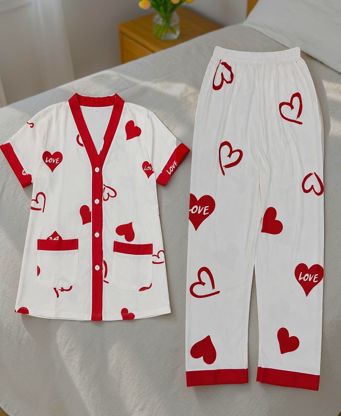 Women's Heart Print Button-Up Summer Night Suit Set