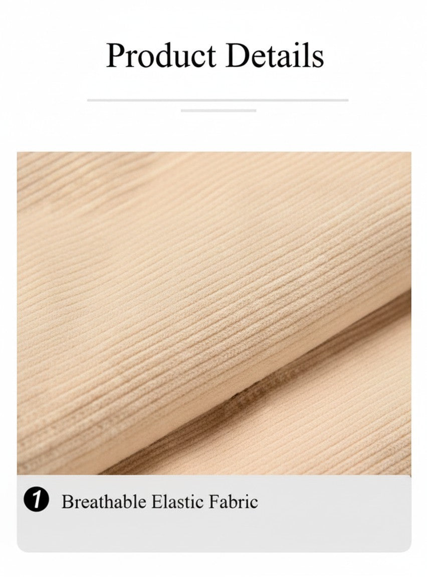 3. beige breathable elastic fabric close-up of a tummy control waist trainer belt showing ribbed texture