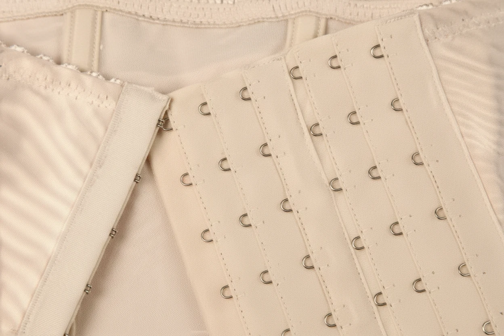 3. beige waist trainer belt featuring multiple rows of adjustable metal hooks for firm tummy control and shaping