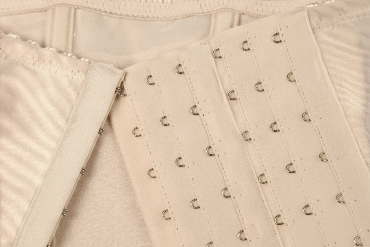 3. beige waist trainer belt featuring multiple rows of adjustable metal hooks for firm tummy control and shaping