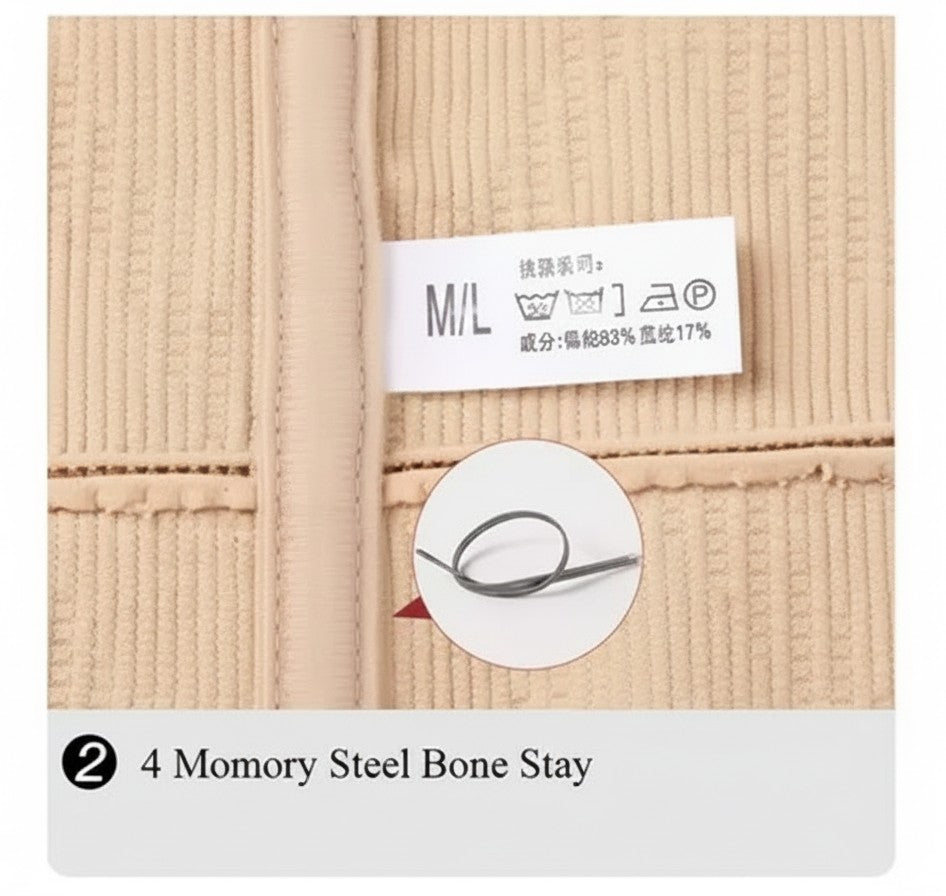 3. beige waist trainer belt featuring 4 memory steel bone stays and a size M/L care label on breathable fabric