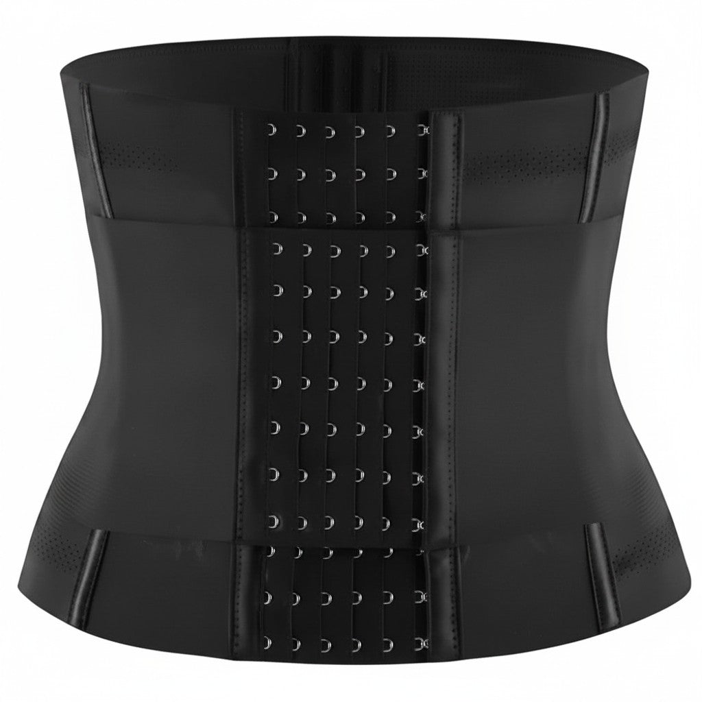 3. black waist trainer belt with adjustable front hook closures for tummy control and firm waist shaping support