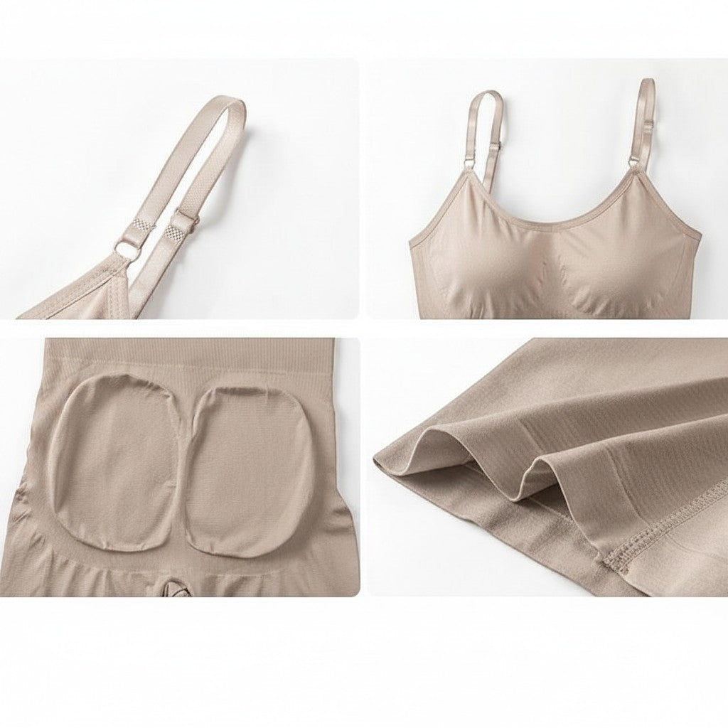 3. seamless nude brown full-body shaper bodysuit with adjustable straps, tummy control, and soft stretch fabric