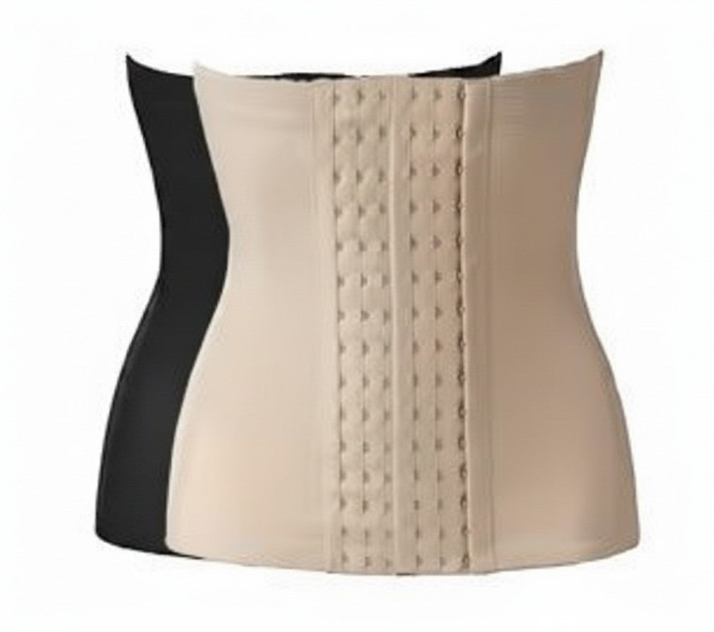 3. waist trainer shapewear belts in black and beige with adjustable front hook closures for tummy control