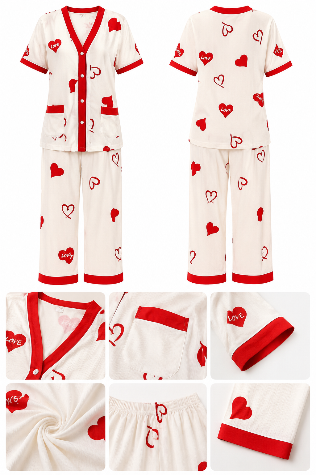 Women's Heart Print Button-Up Summer Night Suit Set