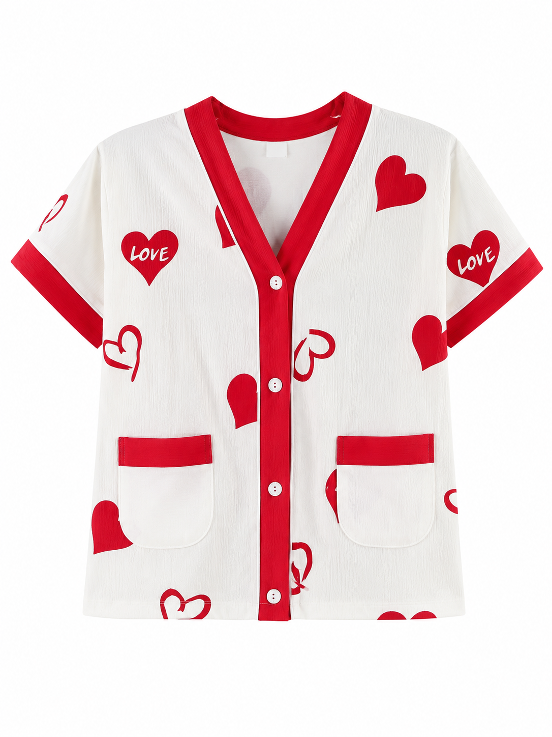 Women's Heart Print Button-Up Summer Night Suit Set