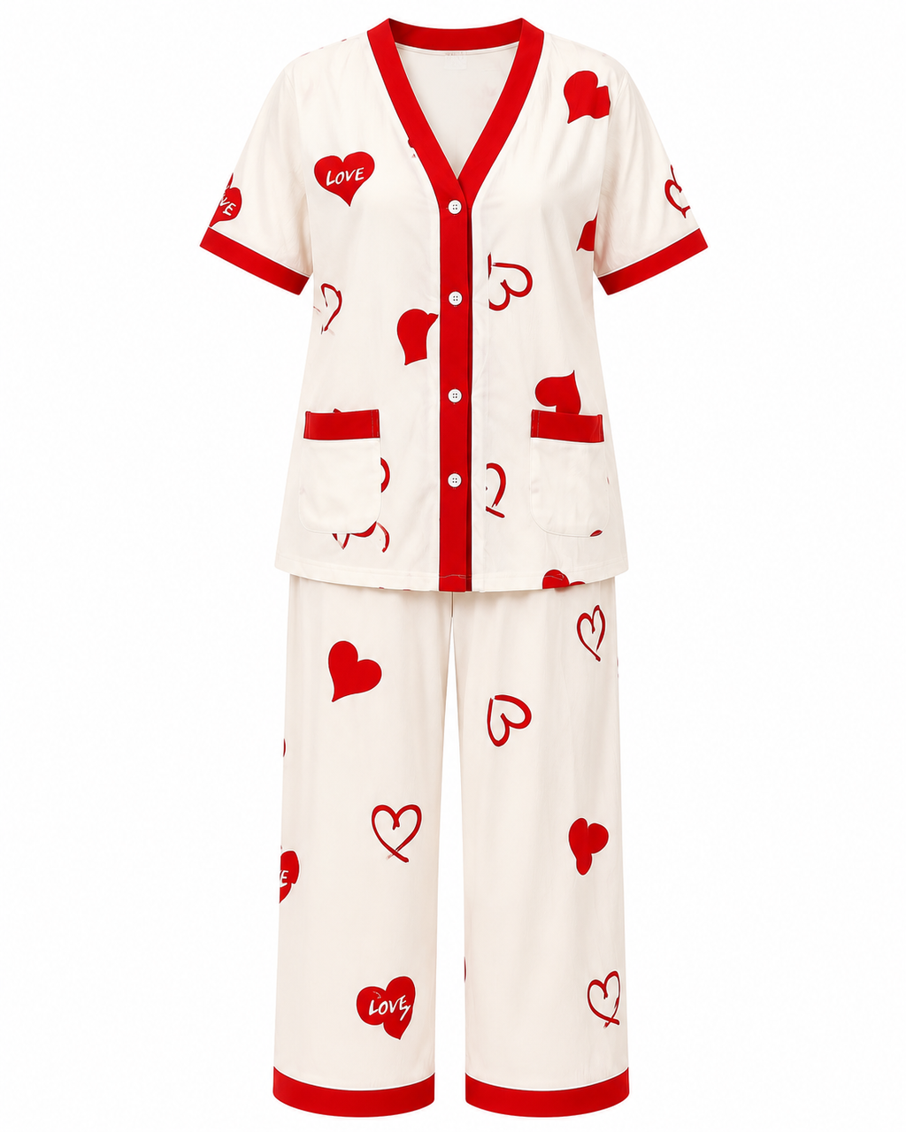 Women's Heart Print Button-Up Summer Night Suit Set
