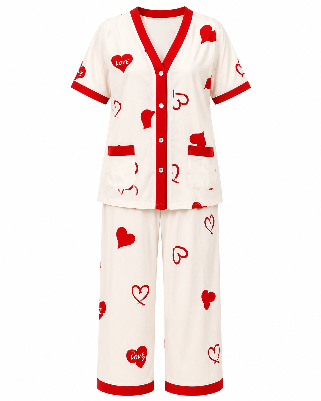 Women's Heart Print Button-Up Summer Night Suit Set