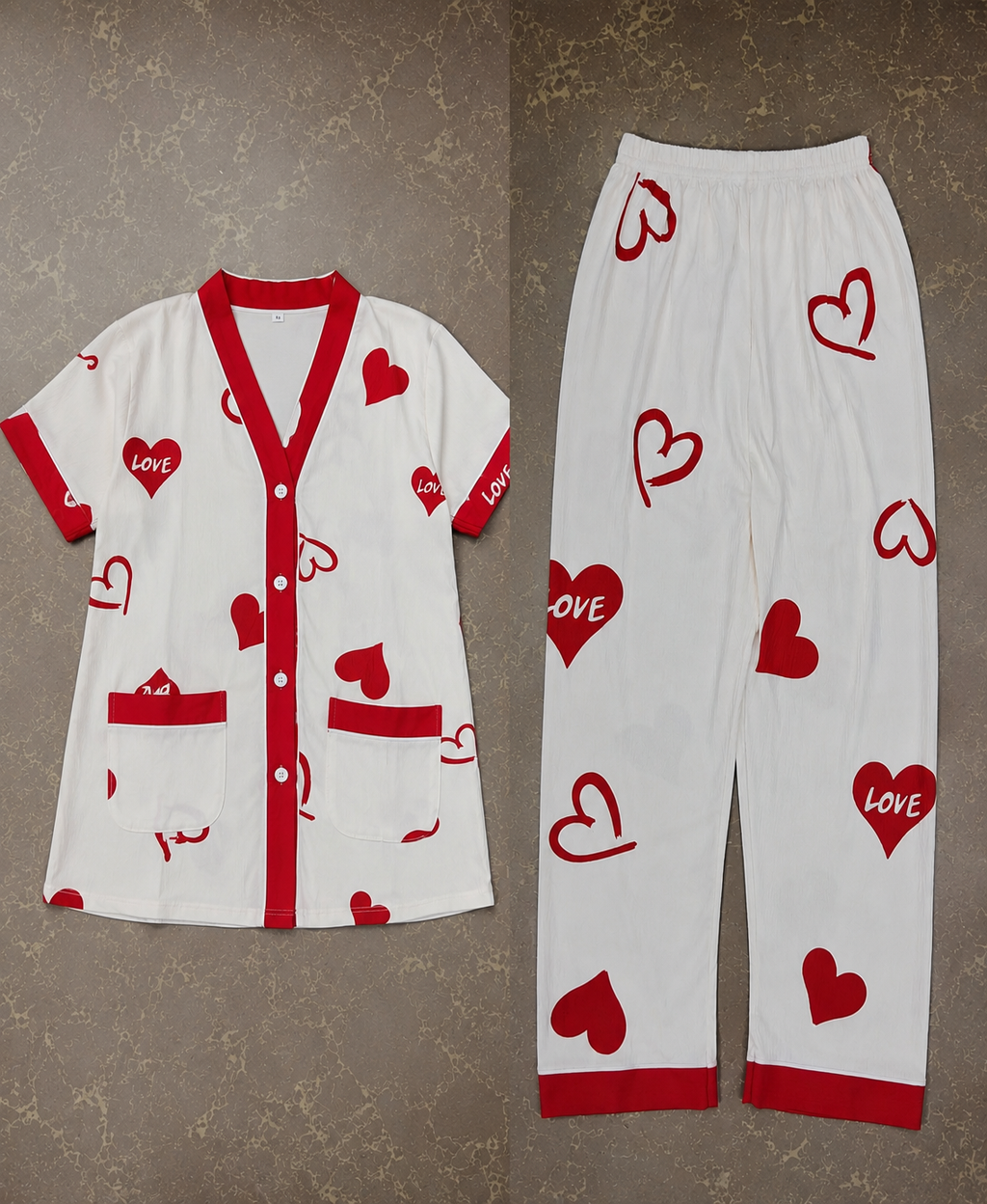 Women's Heart Print Button-Up Summer Night Suit Set