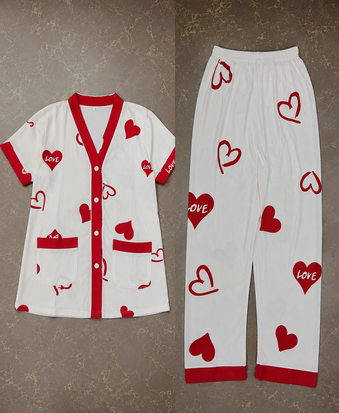 Women's Heart Print Button-Up Summer Night Suit Set