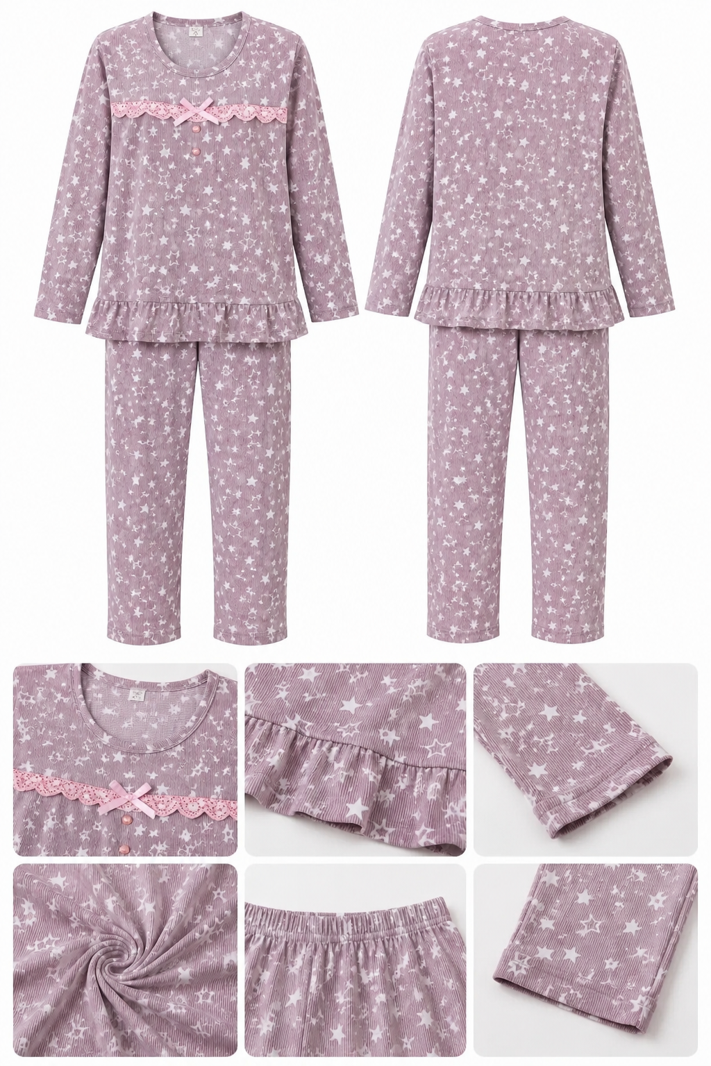Women's Soft Cotton Star Print Night Suit – Long Sleeve Pajama Set