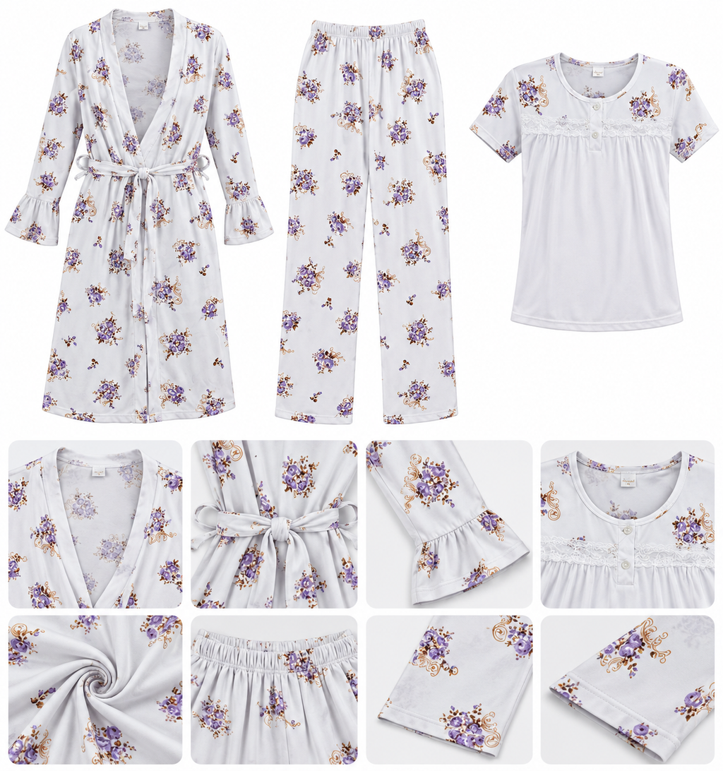 3 Piece Floral Soft Cotton Night Suit Set – Premium Sleepwear for Women