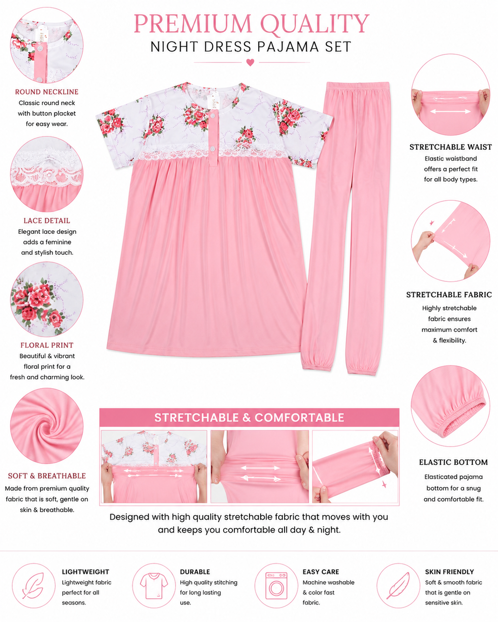 Women's Soft Cotton Floral Night Suit – Half Sleeve Lounge Wear Pajama Set