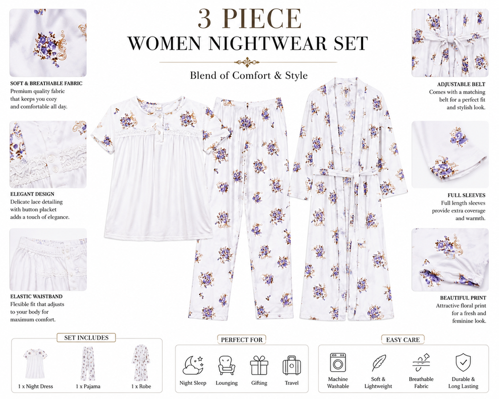 3 Piece Floral Soft Cotton Night Suit Set – Premium Sleepwear for Women