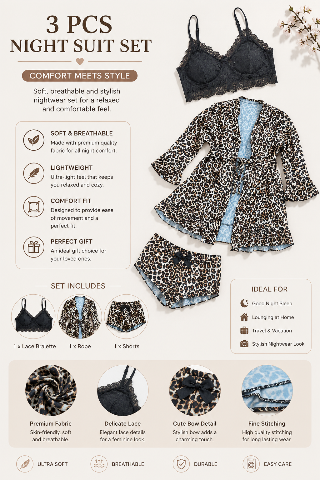 Women's 3 Piece Leopard Print Nightwear Set with Lace Bralette