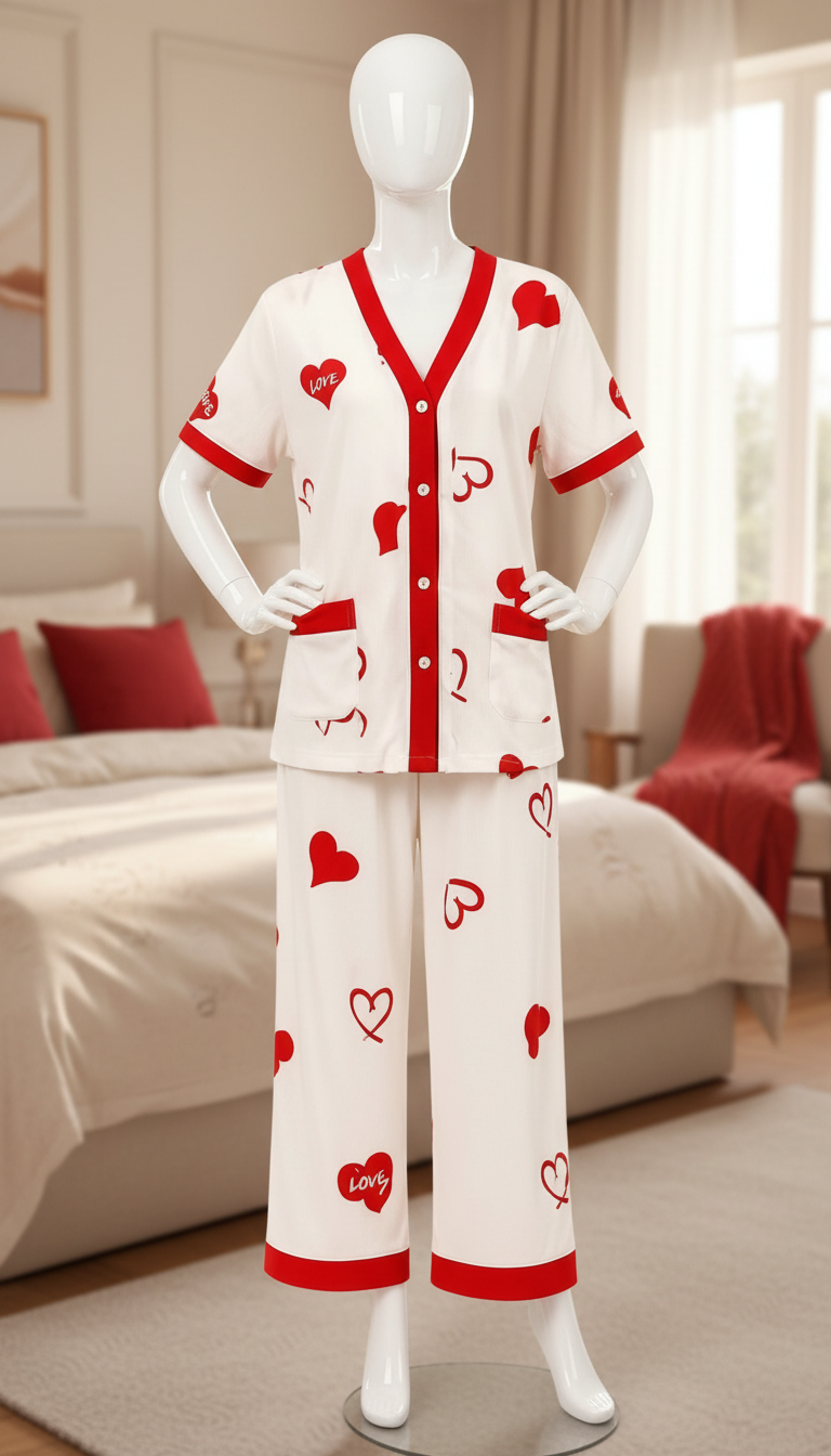 Heart Print Button-Up Nightwear